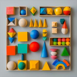 formas geometricas coloridas en madera