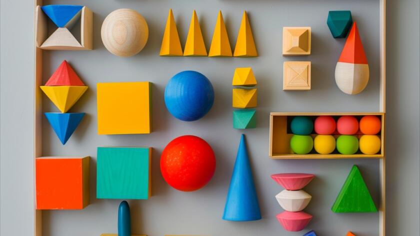 formas geometricas coloridas en madera