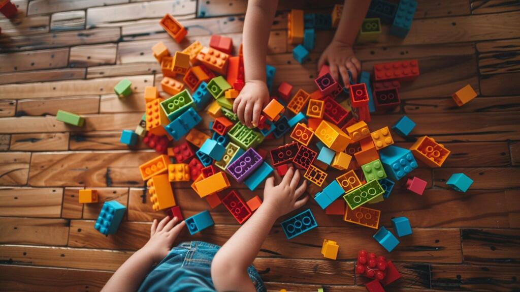 niños armando bloques en el piso